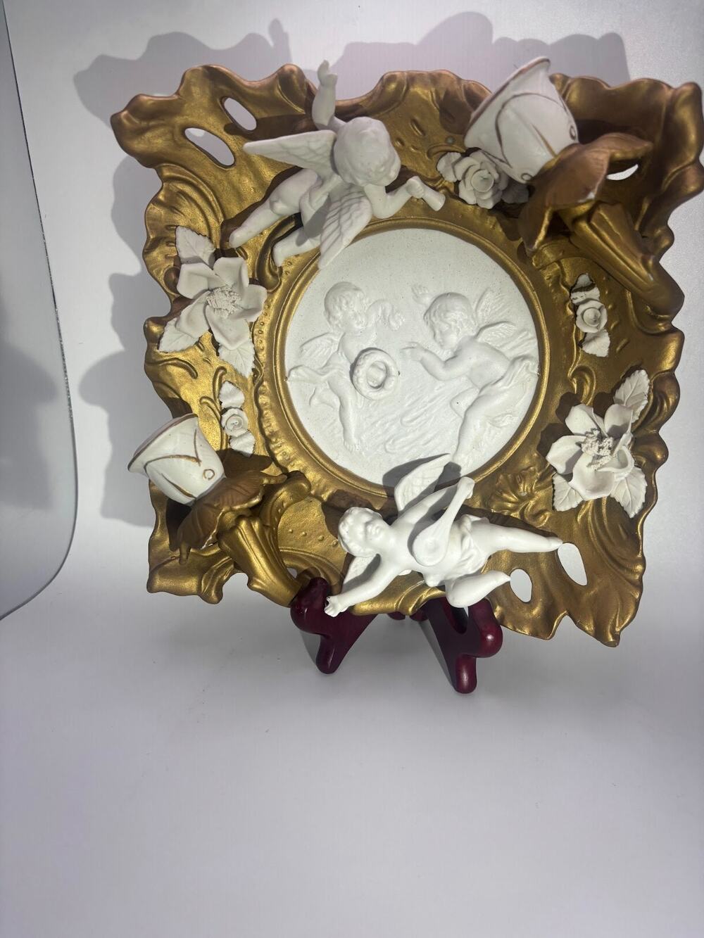 Vintage Art Nouveau Candle Holder Sconce Porcelain Cherubs Angels Gold/ White